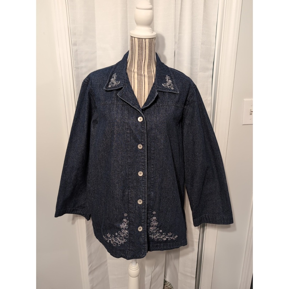 Vtg. Tudor Court Embroidered Flowers Jean Jacket Women's XL Button Up Cottage